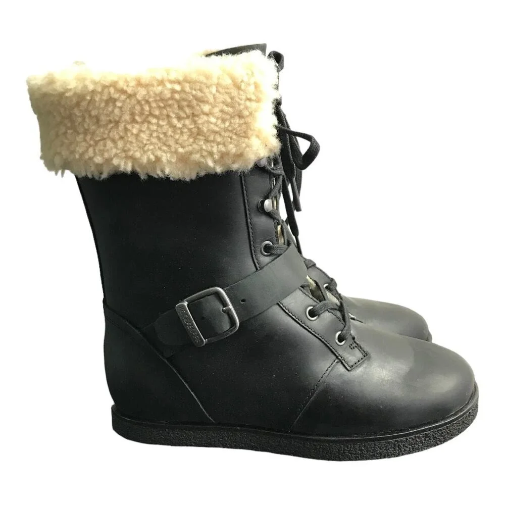 Koolaburra Boots Women 9 Gorpcore Leather Shearling Lined Lace‎ Up Side Zip Cozy